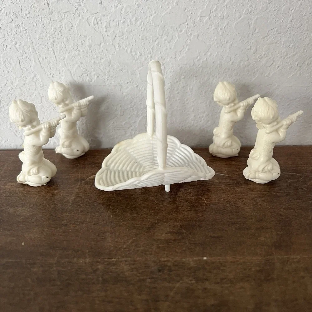 Vintage Wedding Cupcake Cake Decor Plastic White‎ Angels Cupid Basket Lot Of 5